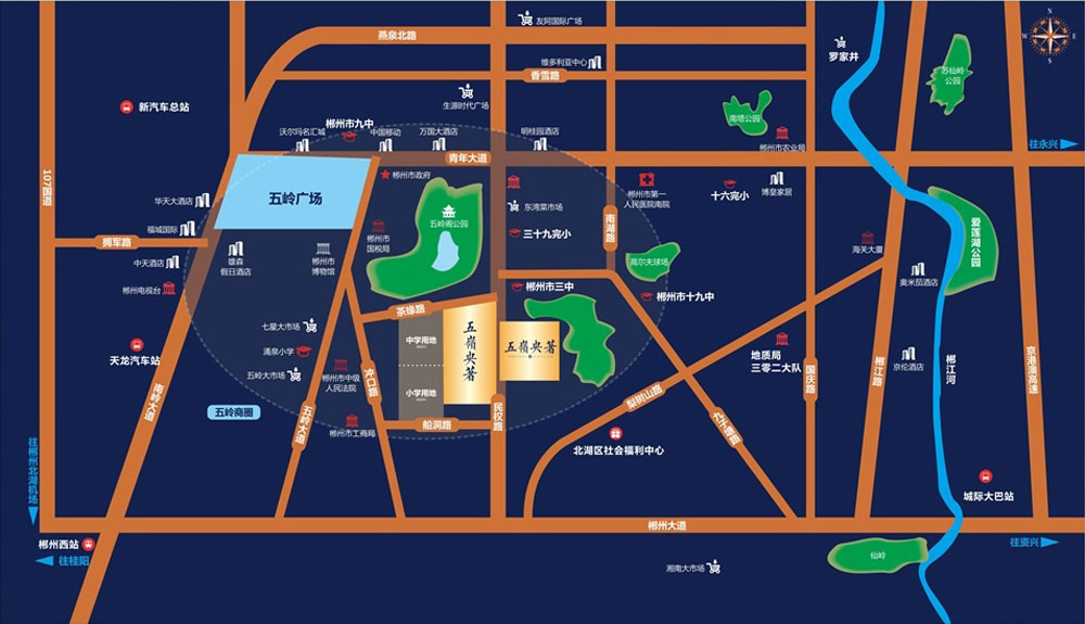 五岭央著项目位于郴州市民权路五岭阁公园旁